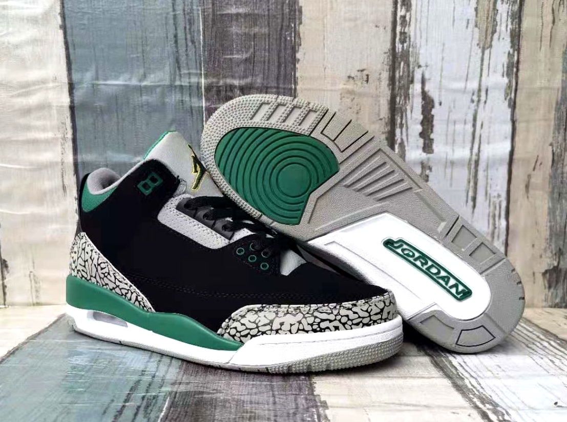 2021 Air Jordan 3 Black Green Cement Grey Shoes